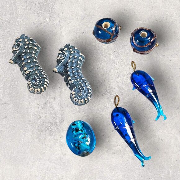 Ocean Theme Bead Lot Seahorse Fish Lampwork Glass & Ceramic Blue Craft Mix - Picture 2 of 7